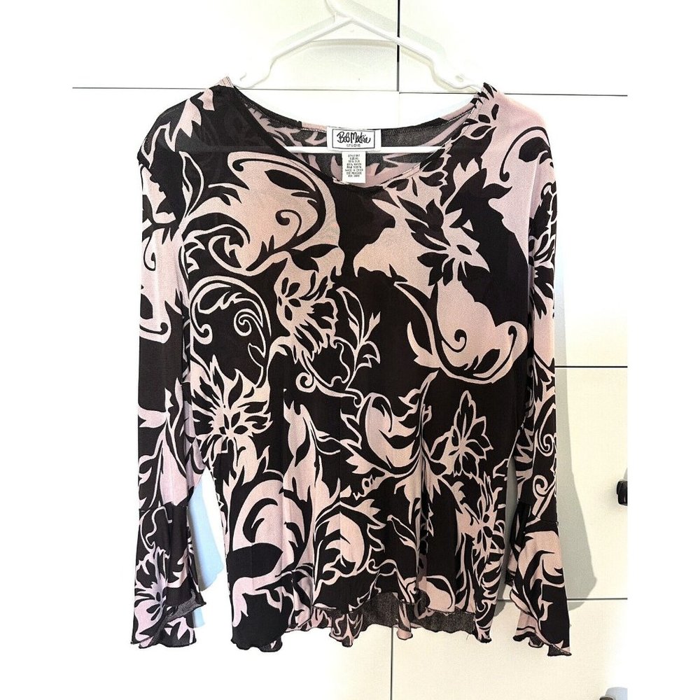 Bob Mackie Studio XL 567 Pink5 Brown y2k Long Sleeve Boat Neck Blouse Abstract